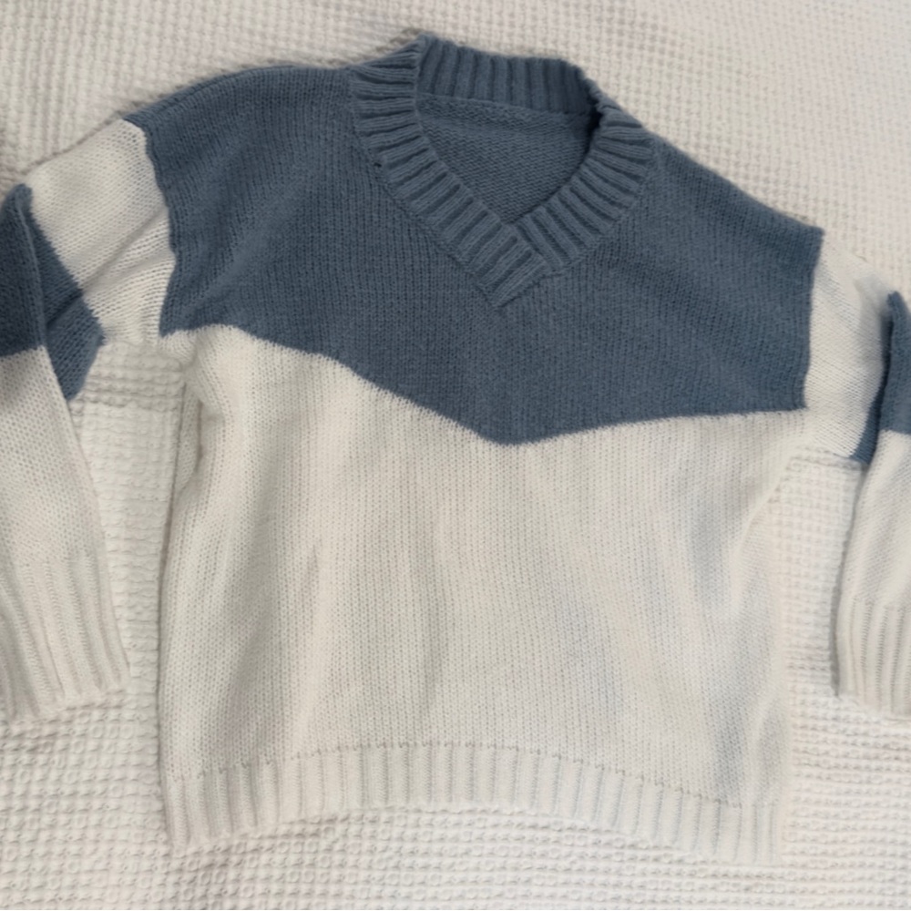Blue and White V-Neck Sweater